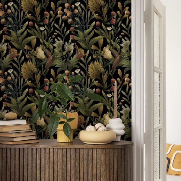Carta da parati Giardino botanico su sfondo nero, calda tavolozza autunnale, Parati fiori e piante classici, a00619 : Uwalls.it