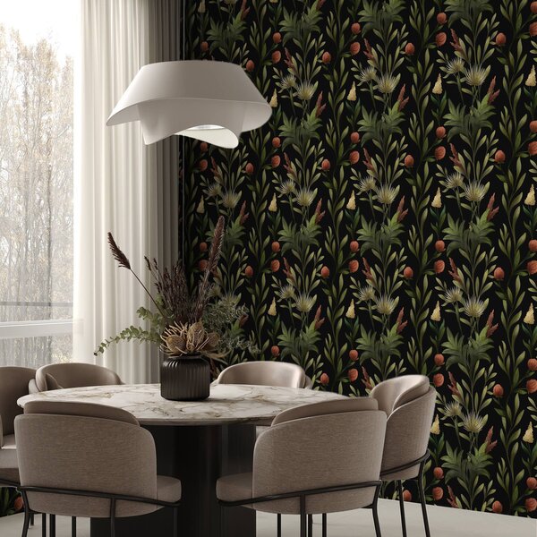 Carta da parati Erbe alte e fiori su sfondo nero, stampa dettagliata, Parati fiori e piante classici, a00620 : Uwalls.it