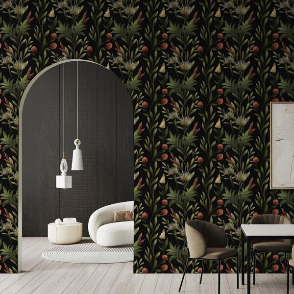 Carta da parati Erbe alte e fiori su sfondo nero, stampa dettagliata, Parati fiori e piante classici, a00620 : Uwalls.it