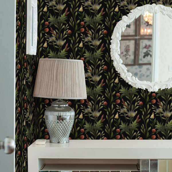 Carta da parati Erbe alte e fiori su sfondo nero, stampa dettagliata, Parati fiori e piante classici, a00620 : Uwalls.it