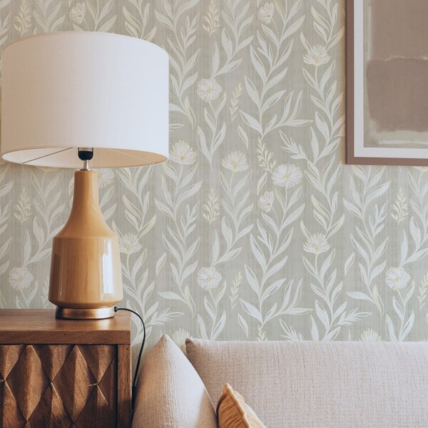 Carta da parati Erbe leggere e fiori su sfondo beige, linee abbozzate, Parati fiori e piante classici, a00618 : Uwalls.it