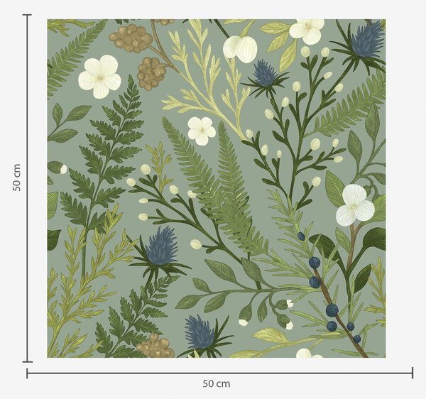 Carta da parati Erbe di bosco, cicoria e frutti di bosco su fondo di menta, Parati fiori e piante classici, a00621v1 : Uwalls.it