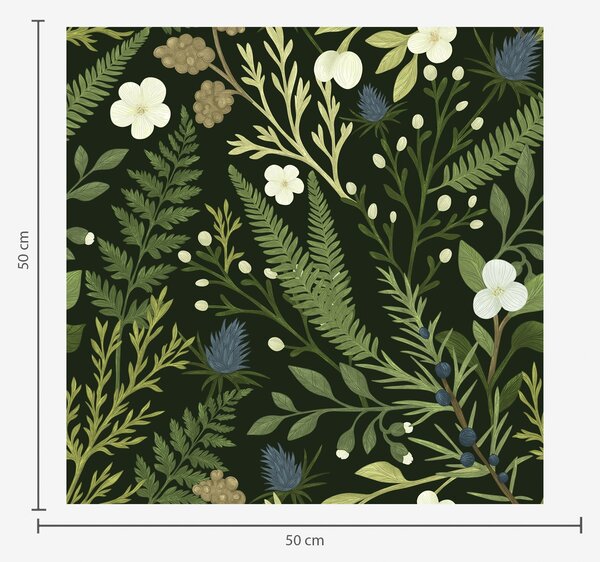 Carta da parati Erbe e bacche di bosco su sfondo verde scuro, Parati fiori e piante classici, a00621v2 : Uwalls.it