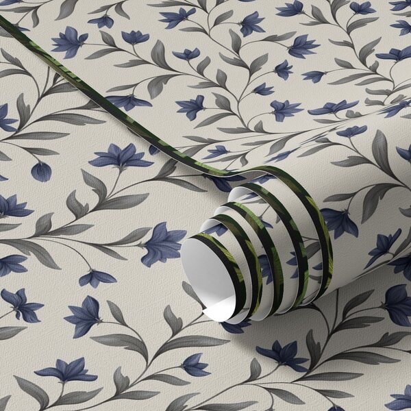 Carta da parati Campanule e vegetazione grigio-verde su sfondo chiaro, Parati fiori e piante classici, a00622v1 : Uwalls.it
