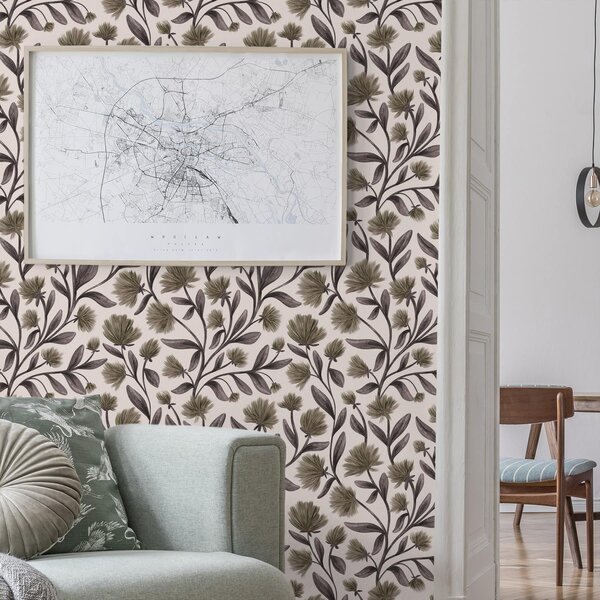 Carta da parati Fiori selvatici nei toni del grigio-oliva su sfondo crema, Parati fiori e piante classici, a00623v1 : Uwalls.it