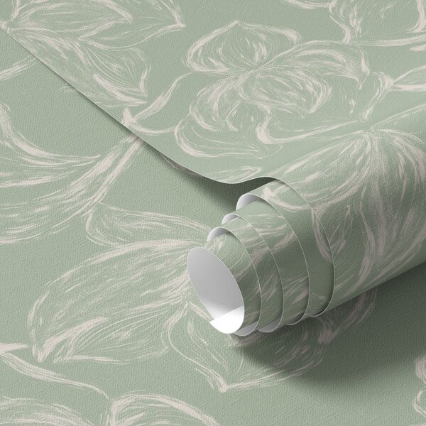 Carta da parati Fiori grandi lineari, tratti di gesso su sfondo salvia, Parati fiori e piante classici, a00625v1 : Uwalls.it