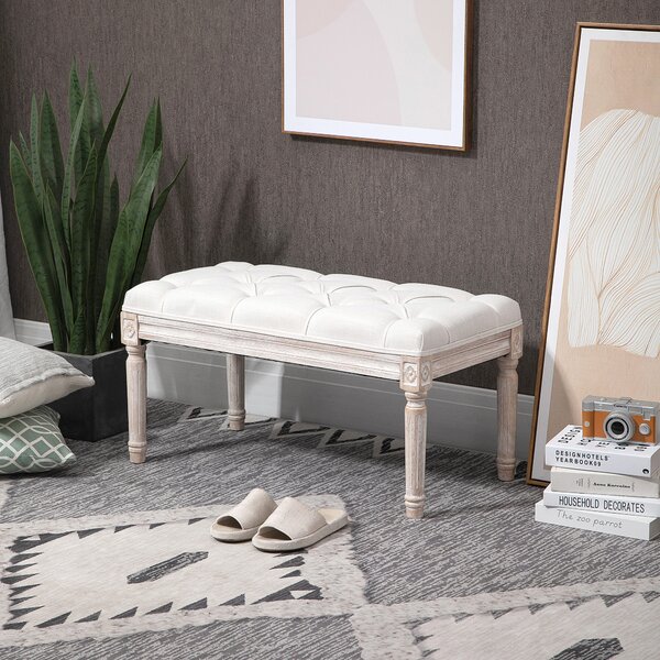 HOMCOM Panca Fondo Letto Con Design A Bottoni, Panca Imbottita In Tessuto Effetto Lino E Legno, 141x44x65 Cm, Beige