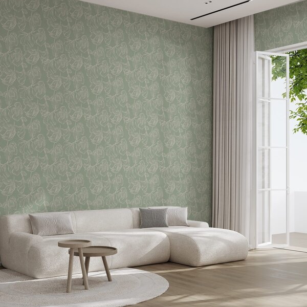 Carta da parati Fiori grandi lineari, tratti di gesso su sfondo salvia, Parati fiori e piante classici, a00625v1 : Uwalls.it