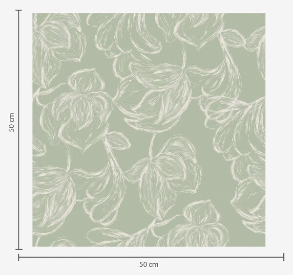 Carta da parati Fiori grandi lineari, tratti di gesso su sfondo salvia, Parati fiori e piante classici, a00625v1 : Uwalls.it