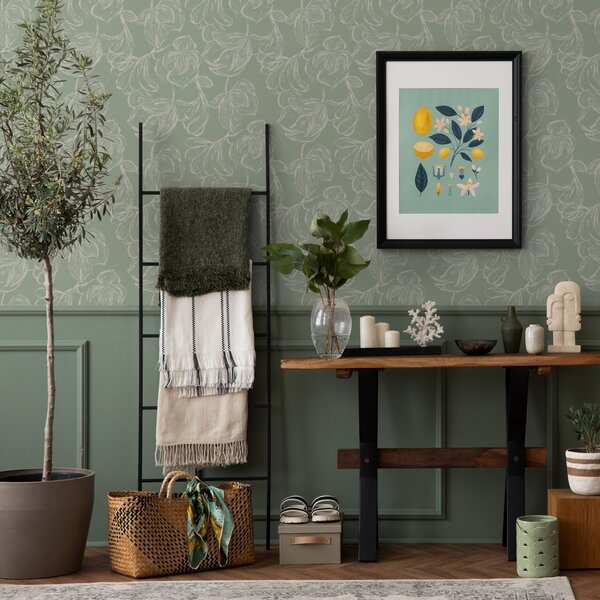 Carta da parati Fiori grandi lineari, tratti di gesso su sfondo salvia, Parati fiori e piante classici, a00625v1 : Uwalls.it