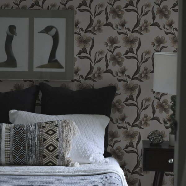 Carta da parati Fiori beige e rami scuri su sfondo grigio chiaro, Parati fiori e piante classici, a00626v1 : Uwalls.it