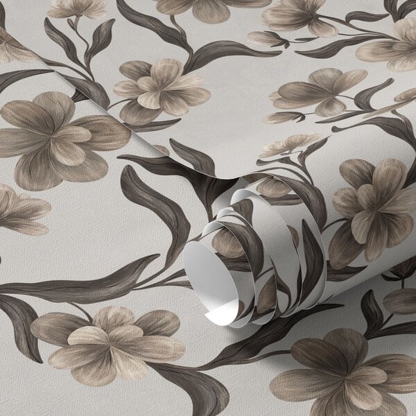 Carta da parati Fiori beige e rami scuri su sfondo grigio chiaro, Parati fiori e piante classici, a00626v1 : Uwalls.it