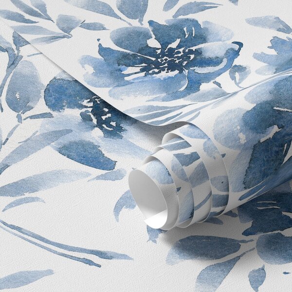 Carta da parati Peonie indaco acquerellate su sfondo bianco, Parati fiori e piante classici, a00641 : Uwalls.it