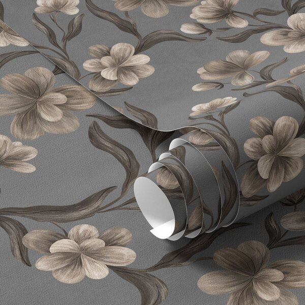 Carta da parati Fiori beige su sfondo grigio grafite, Parati fiori e piante classici, a00626v4 : Uwalls.it
