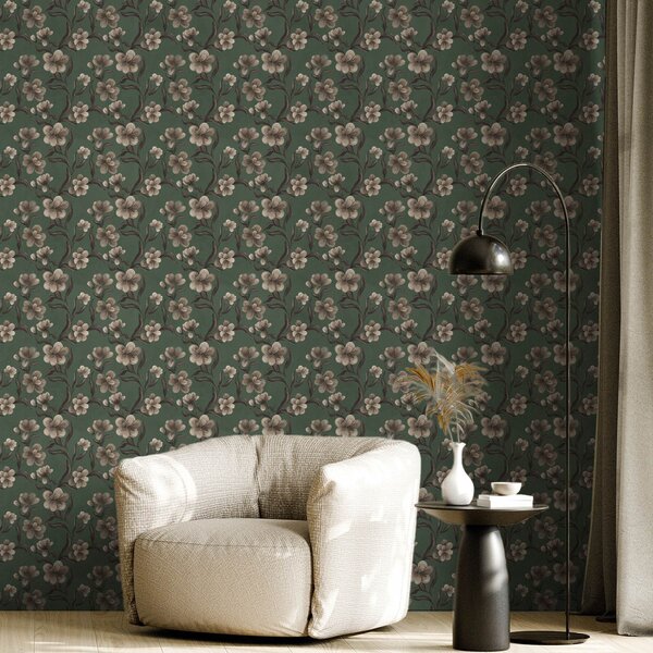 Carta da parati Fiori beige su uno sfondo verde intenso, Parati fiori e piante classici, a00626v3 : Uwalls.it
