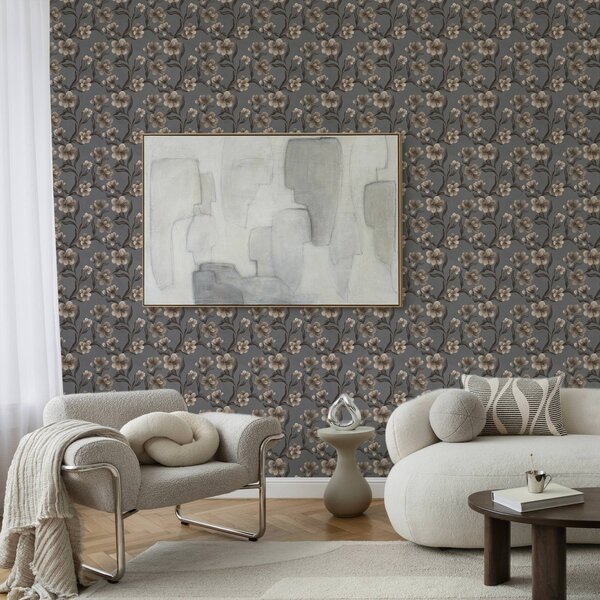 Carta da parati Fiori beige su sfondo grigio grafite, Parati fiori e piante classici, a00626v4 : Uwalls.it