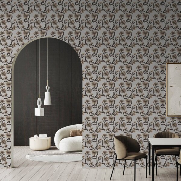 Carta da parati Fiori beige e rami scuri su sfondo grigio chiaro, Parati fiori e piante classici, a00626v1 : Uwalls.it