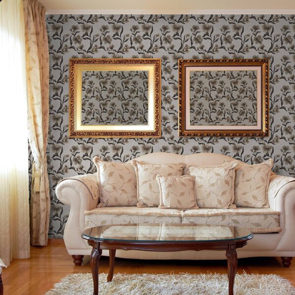 Carta da parati Fiori beige e rami scuri su sfondo grigio chiaro, Parati fiori e piante classici, a00626v1 : Uwalls.it