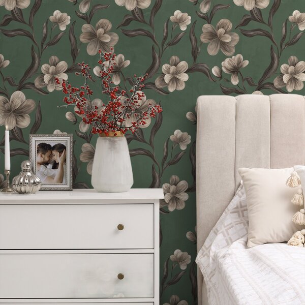 Carta da parati Fiori beige su uno sfondo verde intenso, Parati fiori e piante classici, a00626v3 : Uwalls.it