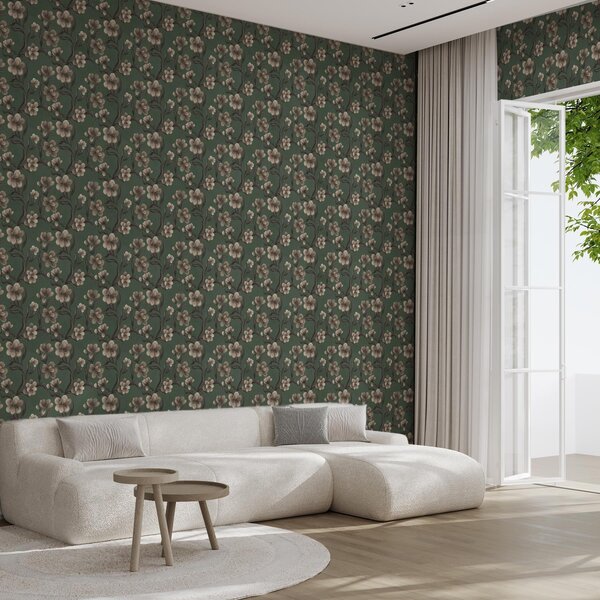 Carta da parati Fiori beige su uno sfondo verde intenso, Parati fiori e piante classici, a00626v3 : Uwalls.it