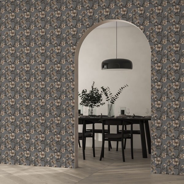 Carta da parati Fiori beige su sfondo grigio grafite, Parati fiori e piante classici, a00626v4 : Uwalls.it