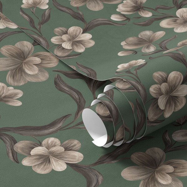 Carta da parati Fiori beige su uno sfondo verde intenso, Parati fiori e piante classici, a00626v3 : Uwalls.it