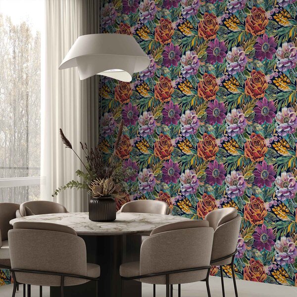 Carta da parati Grandi fiori dipinti a pennello su sfondo blu scuro, Parati fiori e piante classici, a00643 : Uwalls.it