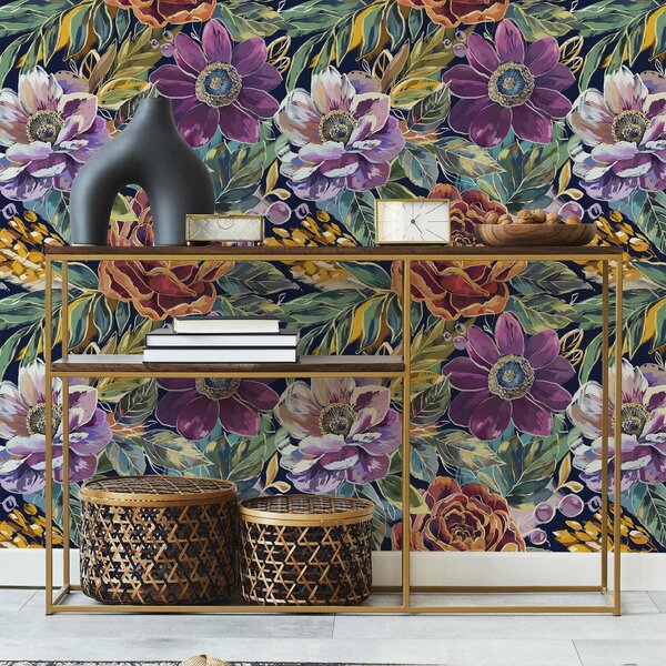 Carta da parati Grandi fiori dipinti a pennello su sfondo blu scuro, Parati fiori e piante classici, a00643 : Uwalls.it