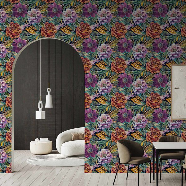 Carta da parati Grandi fiori dipinti a pennello su sfondo blu scuro, Parati fiori e piante classici, a00643 : Uwalls.it