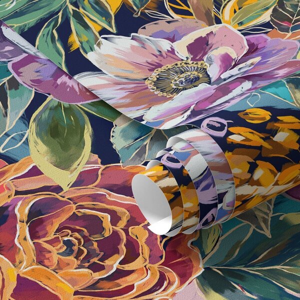 Carta da parati Grandi fiori dipinti a pennello su sfondo blu scuro, Parati fiori e piante classici, a00643 : Uwalls.it