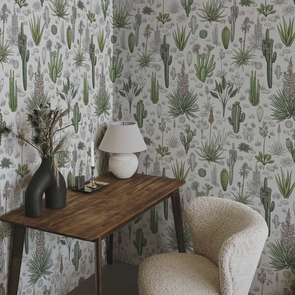 Carta da parati Cactus e piante grasse su sfondo chiaro, stile lineare, Parati fiori e piante classici, a00666v1 : Uwalls.it
