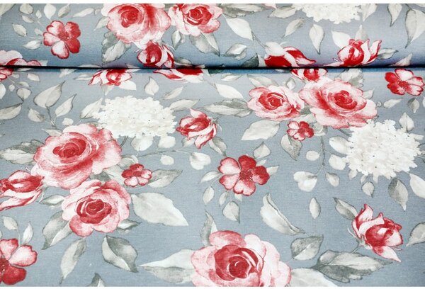 Tessuto cotone al metro - tela - rose su fondo grigio, h. 140 cm