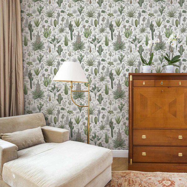 Carta da parati Cactus e piante grasse su sfondo chiaro, stile lineare, Parati fiori e piante classici, a00666v1 : Uwalls.it