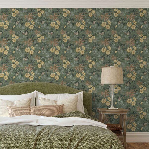 Carta da parati Fiori gialli tra foglie verdi, Parati fiori e piante classici, a00718 : Uwalls.it