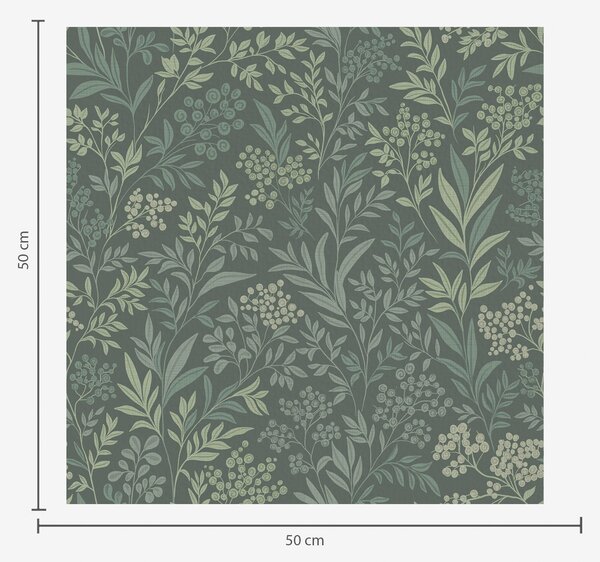 Carta da parati Erbe e bacche color smeraldo, raffinato motivo botanico, Parati fiori e piante classici, a00740 : Uwalls.it