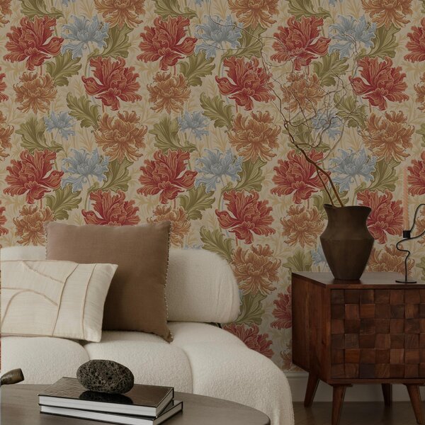 Carta da parati Grandi crisantemi dai toni caldi su sfondo beige, Parati fiori e piante classici, a00743 : Uwalls.it