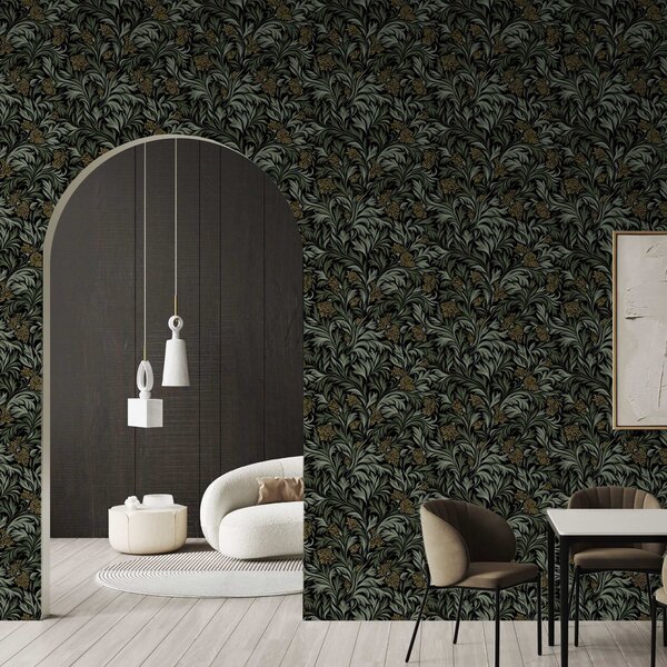 Carta da parati Foglie di acanto scure con coni gialli su sfondo nero, Parati fiori e piante classici, a00745 : Uwalls.it