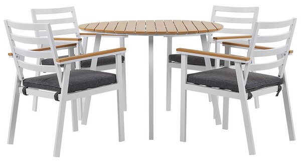 Set da pranzo all'aperto tavolo rotondo a 4 posti in alluminio bianco sedie a doghe da 105 cm con imbottiture grigie Beliani