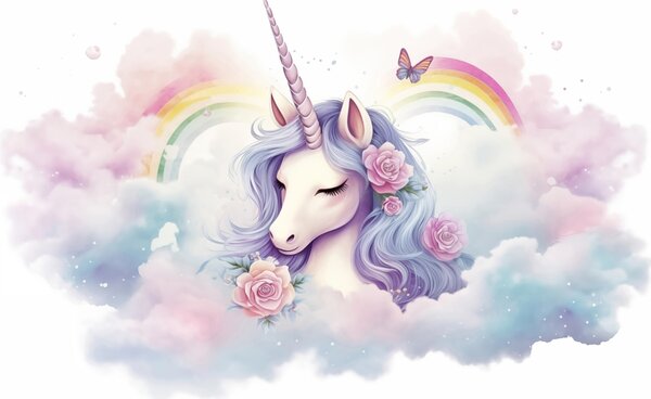 Carta da parati Unicorno pastello tra le nuvole con arcobaleno e rose, Carta da parati per Bambini, Carta da parati gli unicorni, w03990 : Uwalls.it