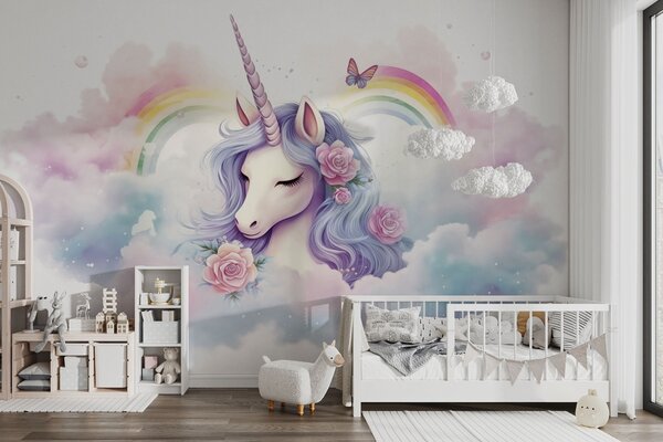 Carta da parati Unicorno pastello tra le nuvole con arcobaleno e rose, Carta da parati per Bambini, Carta da parati gli unicorni, w03990 : Uwalls.it