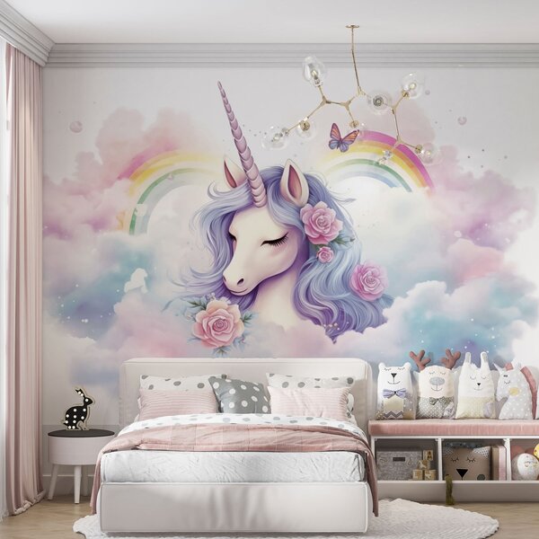 Carta da parati Unicorno pastello tra le nuvole con arcobaleno e rose, Carta da parati per Bambini, Carta da parati gli unicorni, w03990 : Uwalls.it