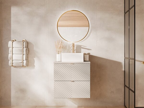 Mobile bagno sospeso a spina di pesce con lavabo da appoggio quadrato Beige 60 cm - DORIONI