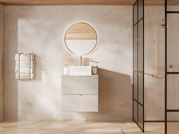 Mobile bagno sospeso con lavabo da appoggio quadrato e rubinetto Beige 60 cm - DORIONI