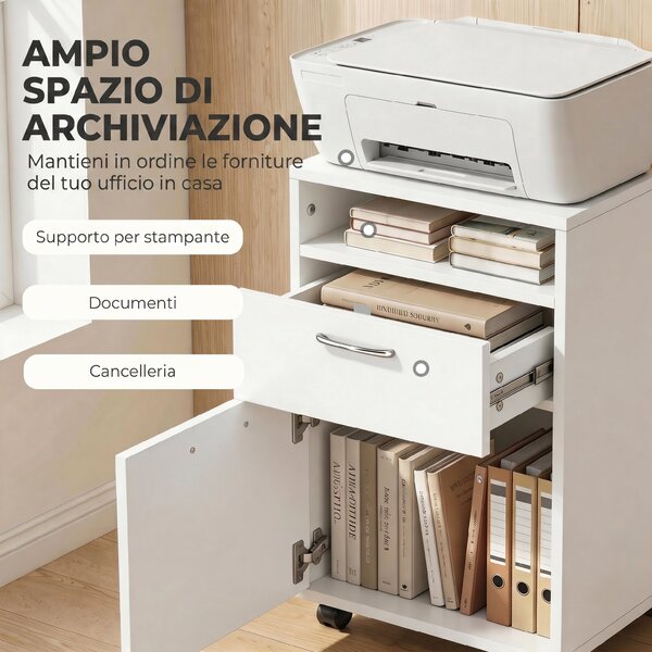 HOMCOM Cassettiera Documenti da Ufficio con 2 Cassetti e 4 Ruote, Maniglie Metallo, Organizzazione Ottimale, 40x35x60 cm, Bianco | Aosom Italy