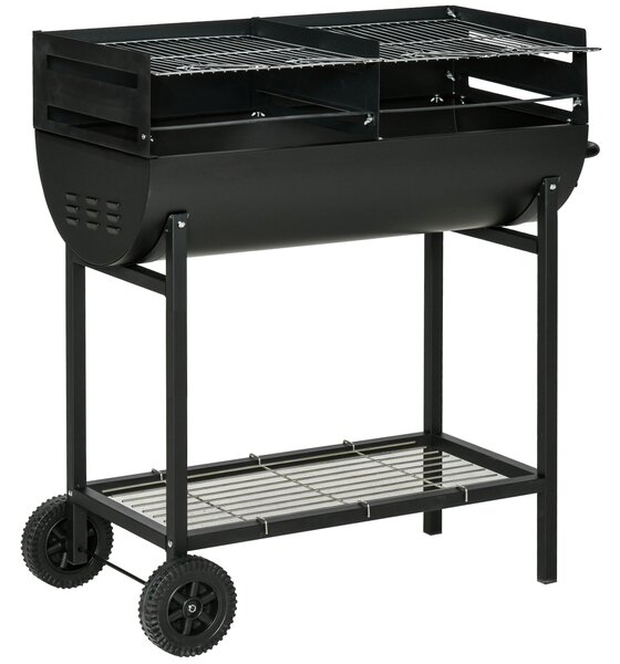 Outsunny Barbecue con 2 Griglie Indipendenti in Acciaio, 2 Ruote e Ripiano Inferiore, 90x45x96 cm, Nero | Aosom Italy