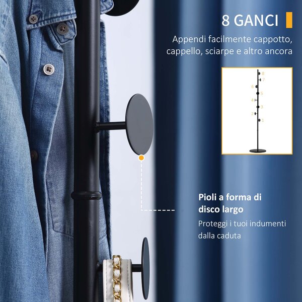 HOMCOM Appendiabiti da Terra con 8 Ganci, Attaccapanni per Ingresso e Camera da Letto in Acciaio con Base in Marmo, 35x35x170cm, Nero|Aosom