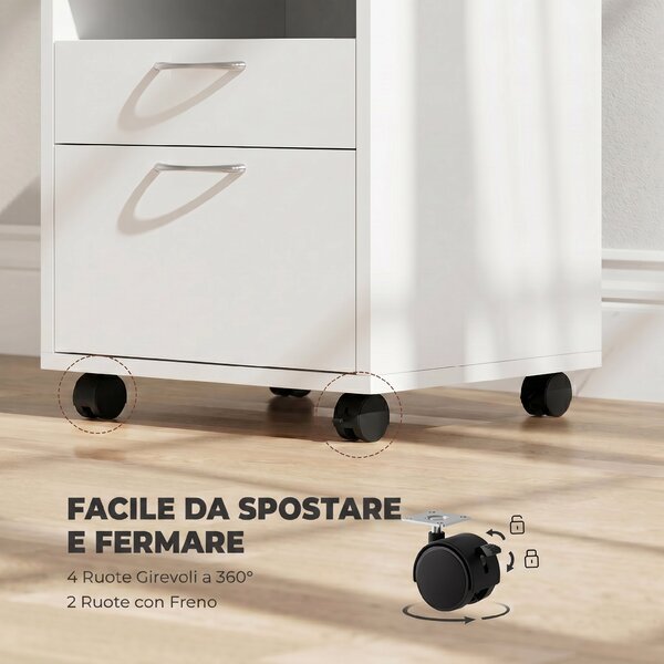 HOMCOM Cassettiera Documenti da Ufficio con 2 Cassetti e 4 Ruote, Maniglie Metallo, Organizzazione Ottimale, 40x35x60 cm, Bianco | Aosom Italy