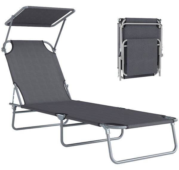 Outsunny Sdraio Pieghevole e Regolabile con Tettuccio e Schienale Regolabile, Lettino Prendisole in Tessuto, 187x58x36 cm, Grigio | Aosom Italy