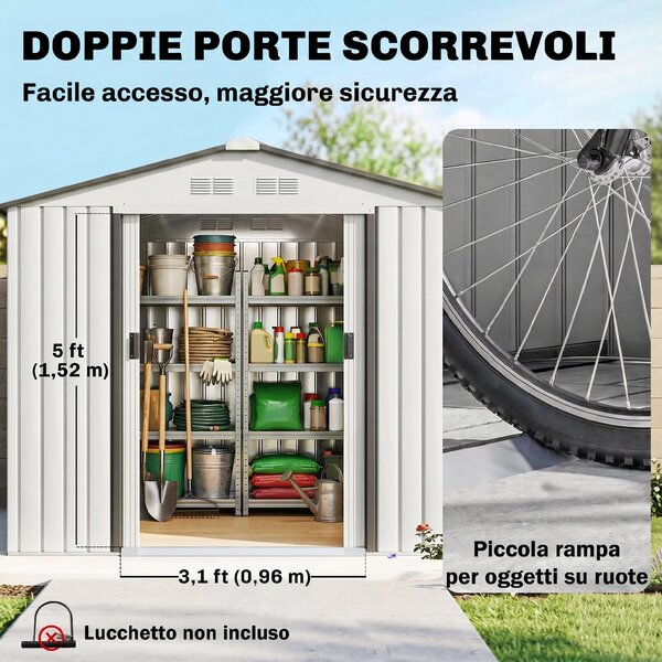 Outsunny Casetta Porta Utensili in Acciaio, Capanno da Giardino con Porte Scorrevoli, 213x130x185 cm, Bianco|Aosom