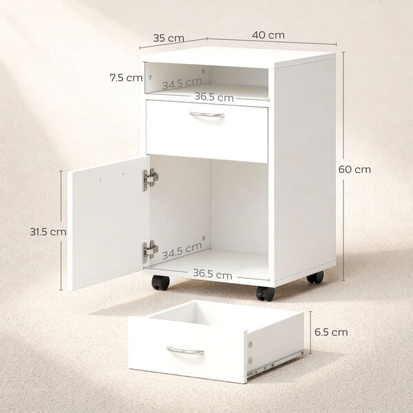 HOMCOM Cassettiera Documenti da Ufficio con 2 Cassetti e 4 Ruote, Maniglie Metallo, Organizzazione Ottimale, 40x35x60 cm, Bianco | Aosom Italy